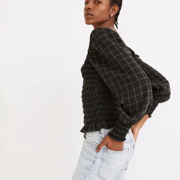 Madewell Lucie Bubble-Sleeve Smocked Top in Plaid, size L - Picture 4 of 9